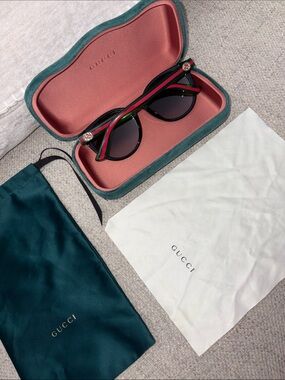 Gucci Oversized Round Sunglasses Black Green & Red Web Stripe w/ Case & Dust Bag